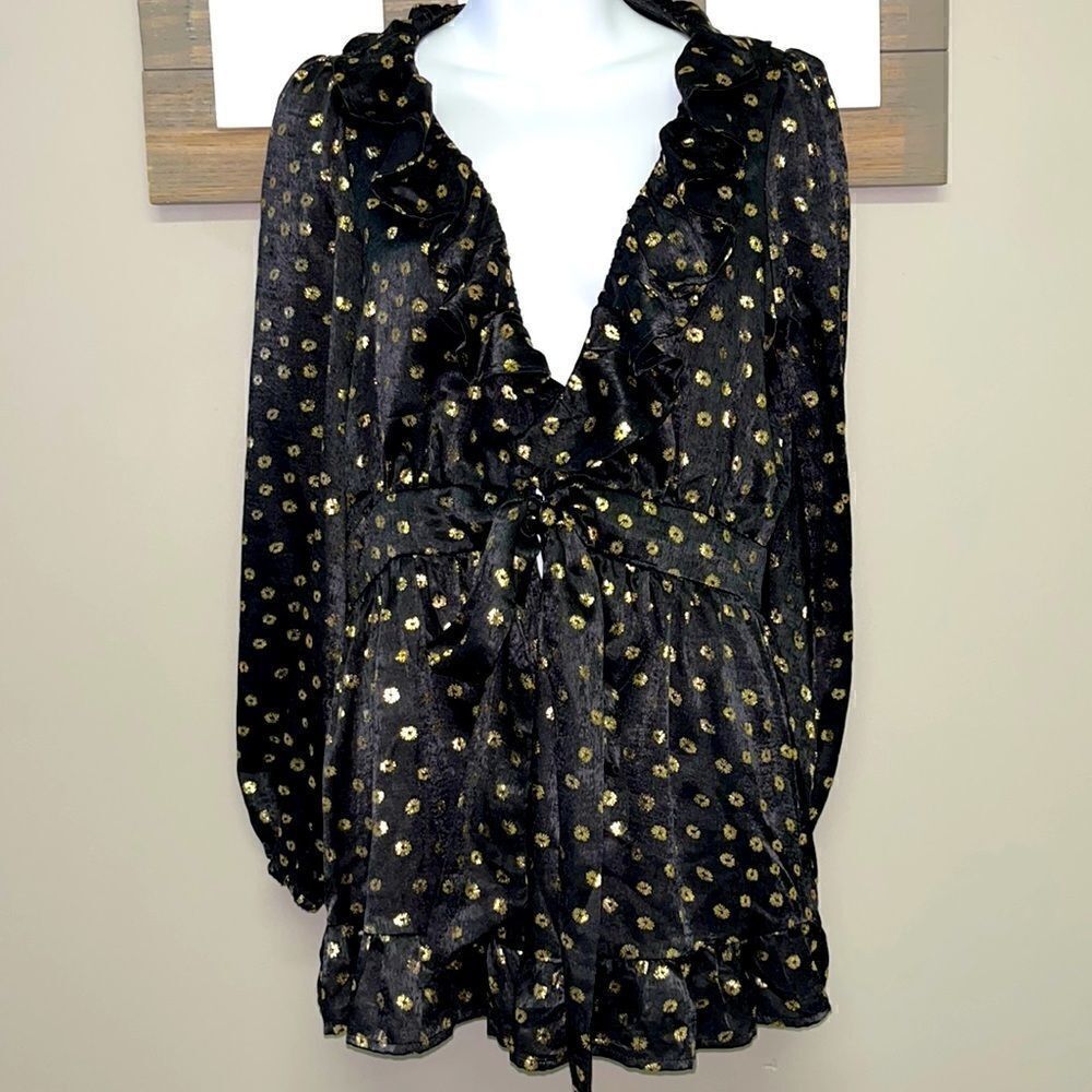 aeon Beautiful Black and Gold Metallic Blouse with Front Belt- Medium